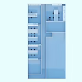 Modern Laboratory Interior With White Lab Benches Cabinets Pendant Lights Blue Flooring And Computer Chairs