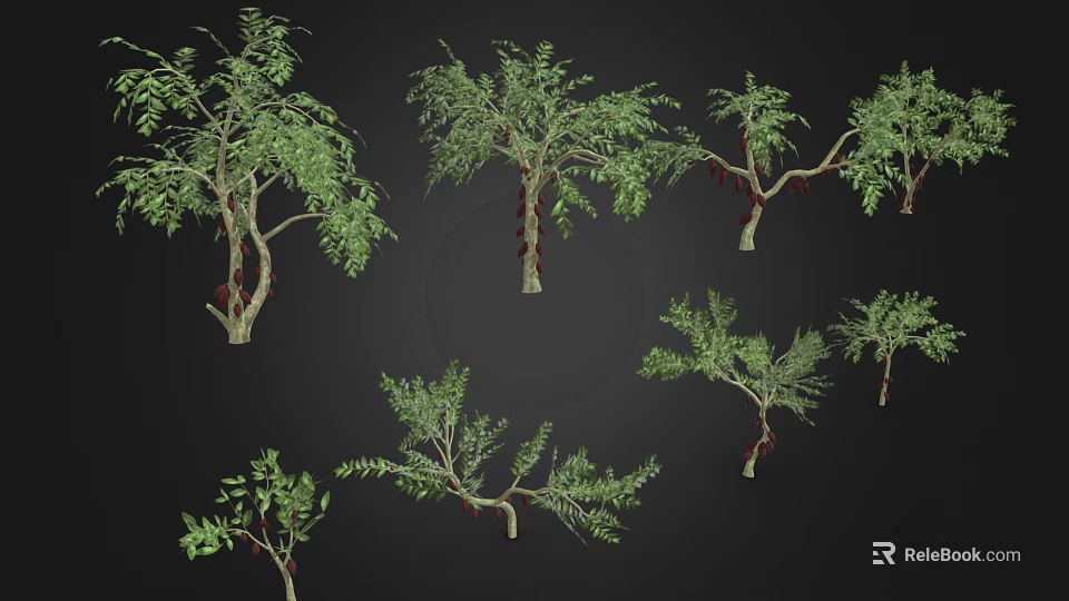 Multiple Green Plants With Different Forms Slender Trunks Lush Foliage And Vines 3d model 
