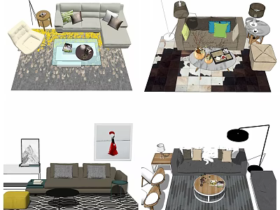 Modern Living Room Sofa and Coffee Table Set With Decorative Pillows Area Rug and Floor Lamp 3d model