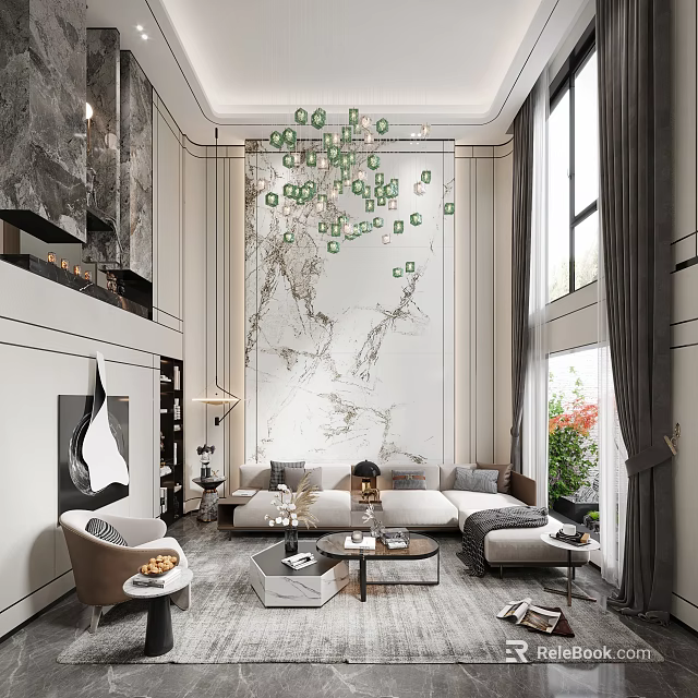 Loft Living Room Interior With Luxury Design And Marble Wall 3d model 