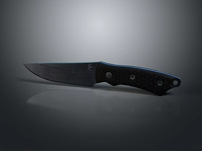 Black Blade Knife With Black Handle Blue Accents On Smooth Surface Gray Gradient Background Reflections 3d model