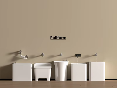 Poliform Modern Bathroom Accessories With White Sinks Toilets And Faucets On Beige Wall 3d model