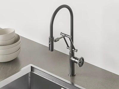 Modern Black Swivel Kitchen Faucet On Gray Countertop With Stainless Steel Sink And Bowls 3d model
