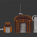 Cartoon Style 3D Rendered Industrial Equipment With Orange Gray Pipes Vents And Control Panels