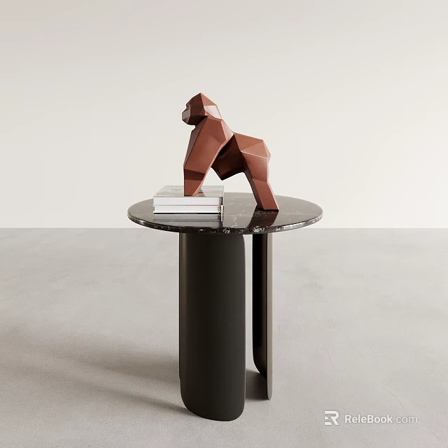 Round Marble Top Side Table with Black Base and Geometric Gorilla Sculpture 3d model