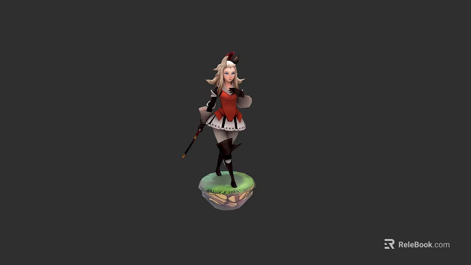 Anime Game Character with Blonde Hair Red Top Black White Skirt and Weapon 3d model 