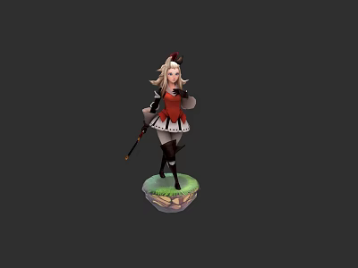 Anime Game Character with Blonde Hair Red Top Black White Skirt and Weapon 3d model