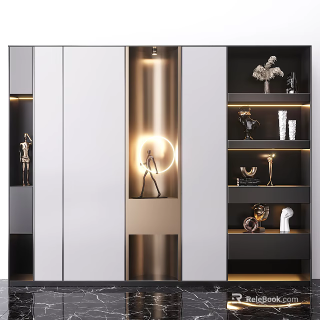 Modern Decorative Cabinet With Glass Doors LED Lighting And Sculptures On Layered Shelves 3d model 