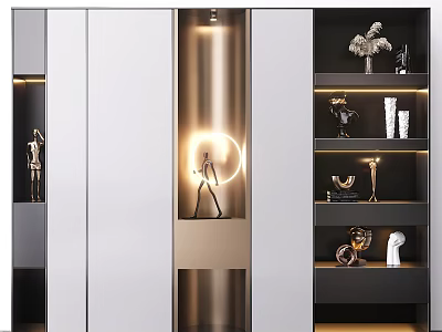 Modern Decorative Cabinet With Glass Doors LED Lighting And Sculptures On Layered Shelves 3d model