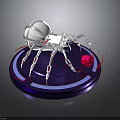 Futuristic Mechanical Spider Featuring Transparent Dome Head Metallic Legs On Blue Platform With Red Sphere