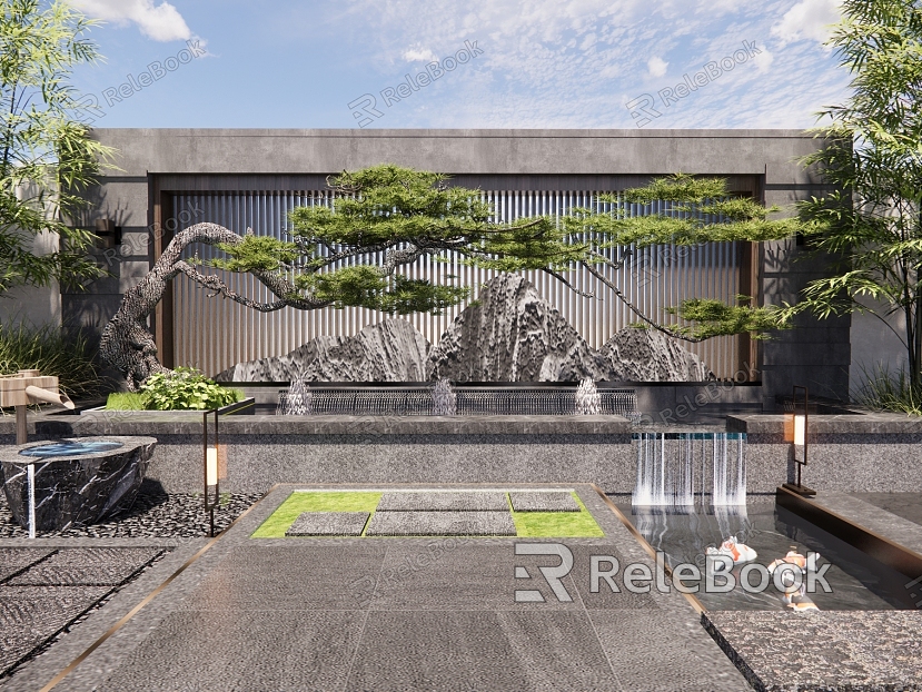 Landscape Landscape Wall Courtyard Landscape Wall Fake Mountain Waterscape Modeling Pine Trees Grass Plants Bamboo model