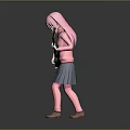 Child With Pink Hair Playing Black Electric Guitar In Pink Top And Gray Skirt