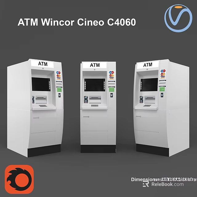 Three Modern White ATM Machines As Daily Electrical Appliances With Digital Screens And Operation Panels 3d model 