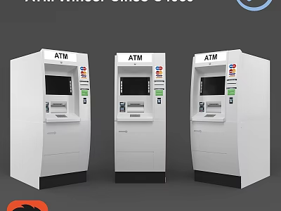 Three Modern White ATM Machines As Daily Electrical Appliances With Digital Screens And Operation Panels 3d model