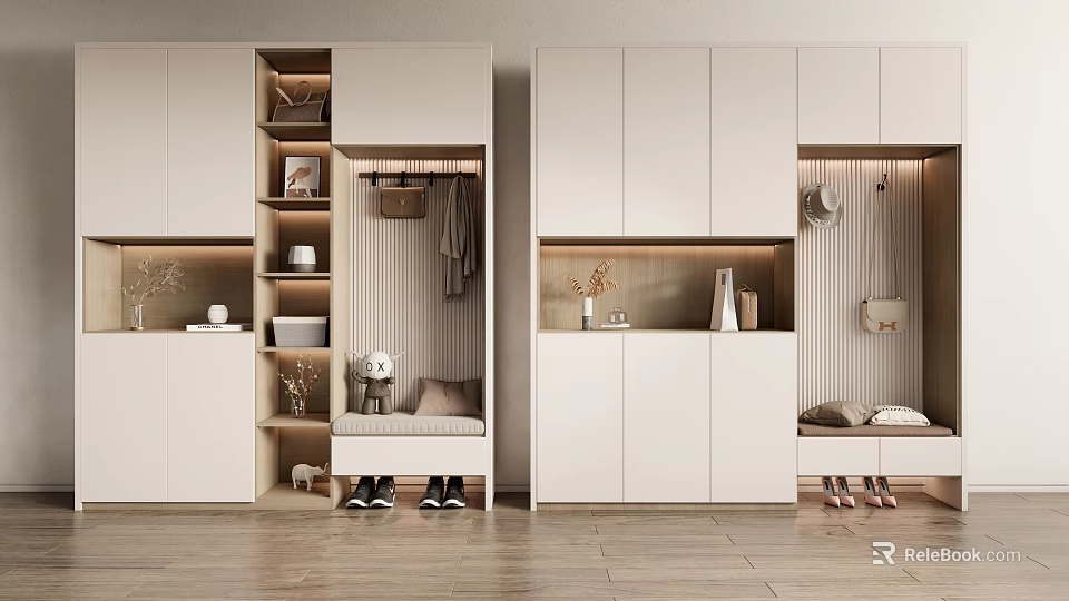 Modern White Shoe Cabinet With Storage Compartments Bench And Decorative Items 3d model