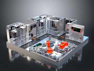 Industrial Laboratory 3D Model With Metal Structures Control Panels And Orange Workstations 3d model