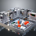 Industrial Laboratory 3D Model With Metal Structures Control Panels And Orange Workstations 3d model