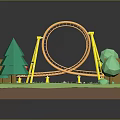 3D Miniature Amusement Park Landscape With Roller Coaster Red Car Green Trees And Small Buildings