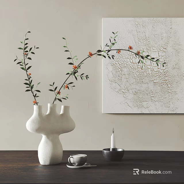 Decorative Ornament Set With White Vase Branches With Orange Flowers Candle And Abstract Painting 3d model 