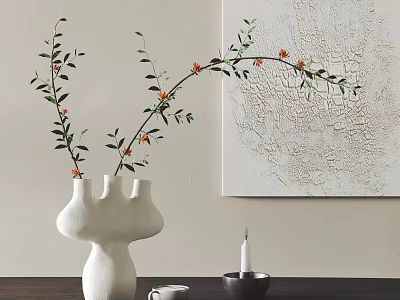 Decorative Ornament Set With White Vase Branches With Orange Flowers Candle And Abstract Painting 3d model