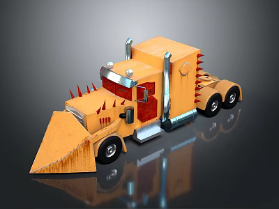 Yellow Toy Truck With Spikes Front Scoop And Red Cabin Details 3d model
