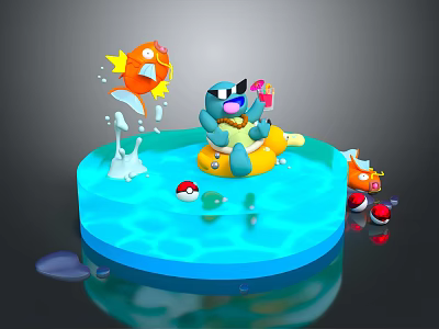 Colorful Cartoon Scene With Blue Character On Yellow Float Holding Drink And Orange Fish 3d model