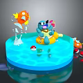 Colorful Cartoon Scene With Blue Character On Yellow Float Holding Drink And Orange Fish