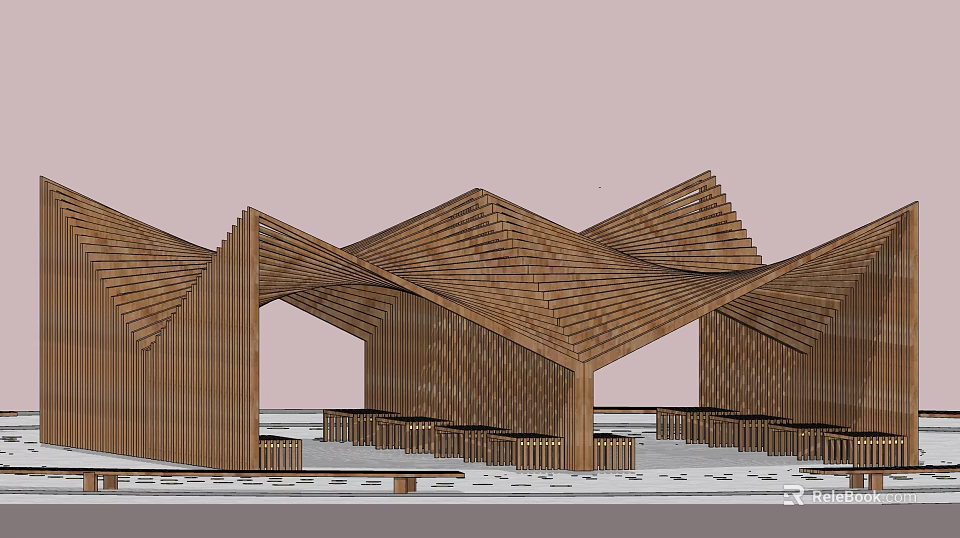 Modern Wooden Pergola With Geometric Sloped Roofs And Platform Seating Area 3d model 