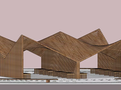 Modern Wooden Pergola With Geometric Sloped Roofs And Platform Seating Area 3d model