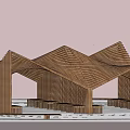 Modern Wooden Pergola With Geometric Sloped Roofs And Platform Seating Area