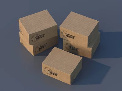 Brown Cardboard Beer Boxes Stacked On Gray Background With Brand Logo 3d model