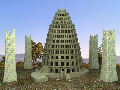 Ancient Historical Architecture Multi Tiered Tower With Stone Pillars Trees And Mountain Backdrop 3d model