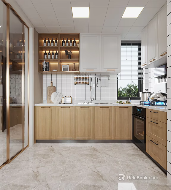 Modern Kitchen Interior With Wooden White Cabinets Tile Backsplash And Wine Rack 3d model 