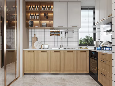 Modern Kitchen Interior With Wooden White Cabinets Tile Backsplash And Wine Rack 3d model