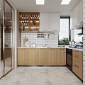 Modern Kitchen Interior With Wooden White Cabinets Tile Backsplash And Wine Rack