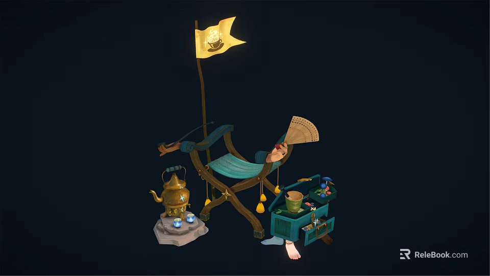 Green Folding Stool with Brass Teapot Small Table Lantern and Fan Decor 3d model 
