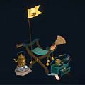 Green Folding Stool with Brass Teapot Small Table Lantern and Fan Decor 3d model
