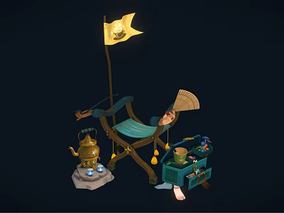 Green Folding Stool with Brass Teapot Small Table Lantern and Fan Decor 3d model