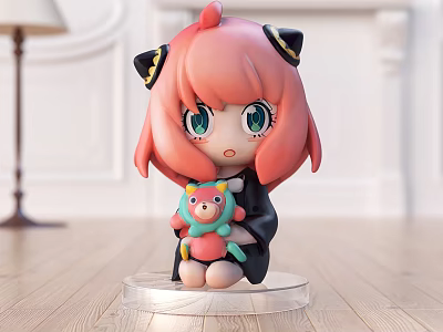 Cartoon Decorative Ornament Set With Pink Hair Black Ears Holding Teddy Bear And Transparent Base 3d model