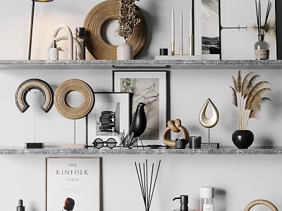 Decorative Ornament Combination With Woven Metal Vases Photo Frames And Candles On Shelf 3d model