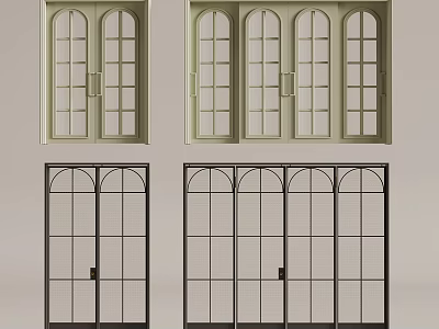 Sliding Doors With Arch Top Grid Glass And Green Black Metal Frames For Home 3d model
