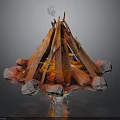 Rustic Campfire Arrangement With Stacked Logs Surrounding Stones And Flaming Embers