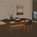 Quiet Ancient Dining Table and Chair Quiet Dining Table and Chair Combination Quiet Decorative Painting Quiet Restaurant Rattan Dining Chair Solid Wood Dining Table and Chair Long Table Quiet Vase Floral Art 3d model