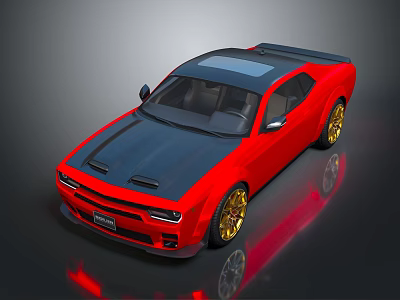 Red Muscle Car With Black Roof Hood And Gold Wheels Shiny Exterior Design 3d model