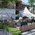 Outdoor Restaurant Seating Area With Trees Umbrella Stone Steps And Greenery