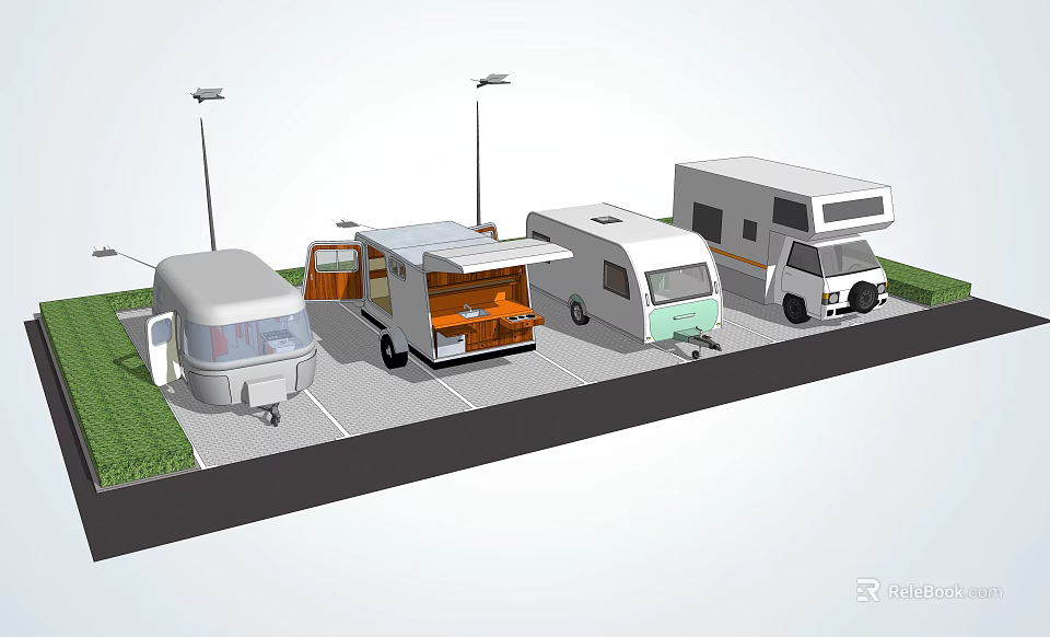 Different Types Of RVs Parked In Parking Lot With Street Lamps And Grass 3d model 