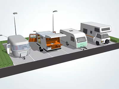 Different Types Of RVs Parked In Parking Lot With Street Lamps And Grass 3d model
