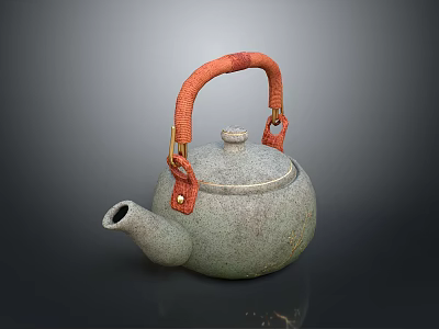 Household Teapot With Gray Textured Body Orange Leather Handle And Metal Clasps 3d model