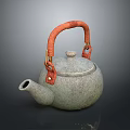 Household Teapot With Gray Textured Body Orange Leather Handle And Metal Clasps
