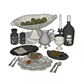 Elegant Tableware Set With Ceramic Plates Silverware Olives Fruits And Wine Accessories